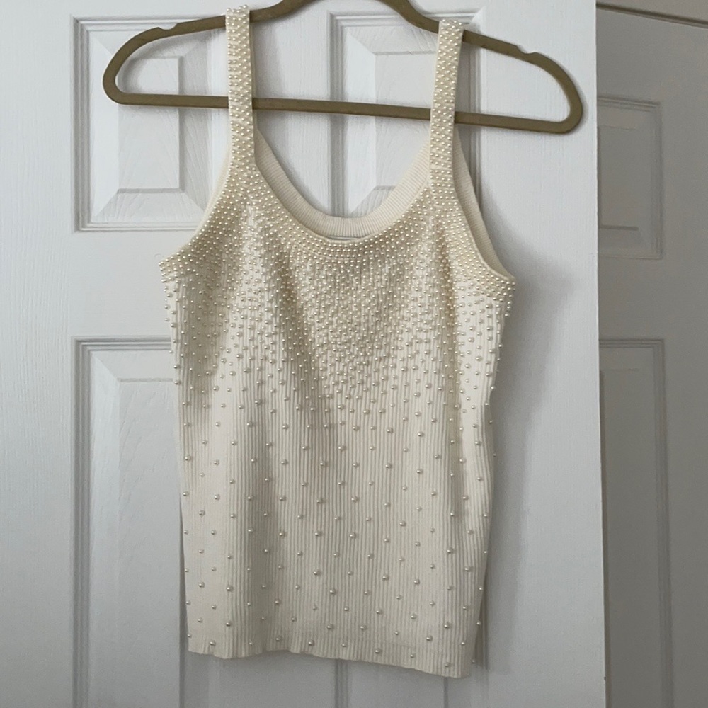 New Pearl Ribbed Knit Tank Top Ivory Small